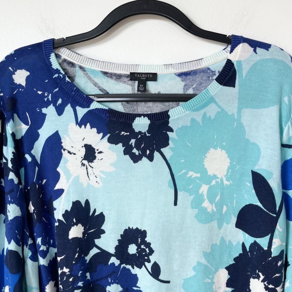 NEW Talbots Plus Puff Sleeve Lightweight Sweater Blue Abstract Floral Womens 3X - Picture 4 of 12